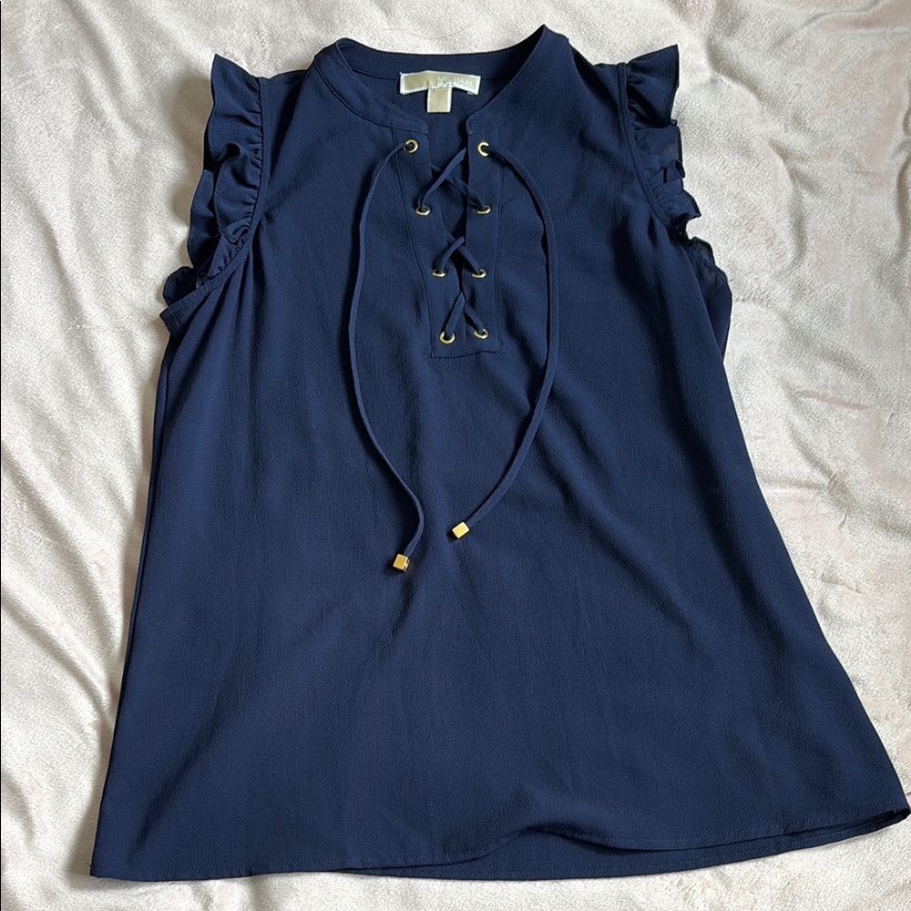 Michael Kors Navy Blue Ruffle Lace-Up Blouse